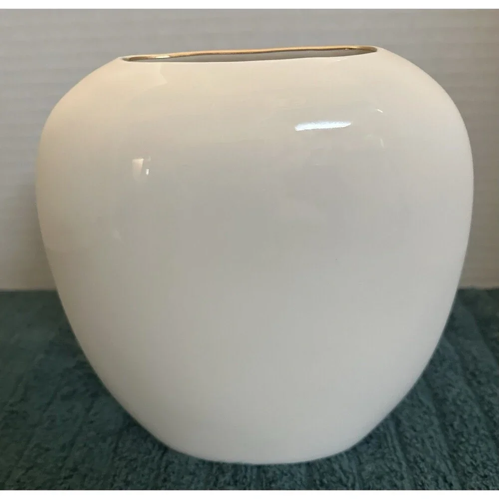 Vintage Japanese Flat Pillow Vase White Porcelain Iris Flower Butterfly Gold Rim